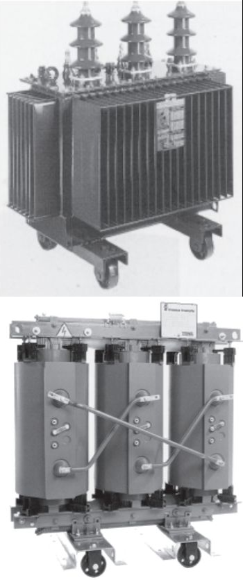 Transformador d'oli (superior) i transformador sec (inferior). Font: Schneider Electric