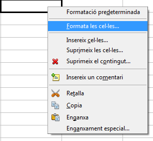 Desplegable que apareix quan es clica amb el botó dret en tenir seleccionada una cel·la